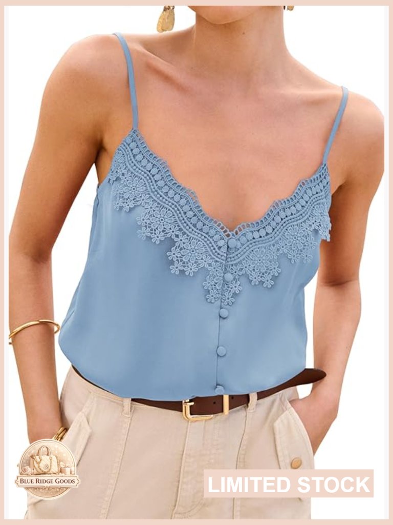 Satin V-Neck Camisole With Lace Trim Adjustable Spaghetti Straps Chic Elegant